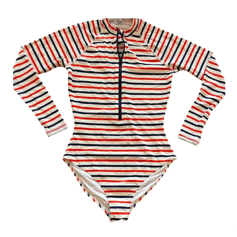 J.Crew Nautical Stripe Long Sleeve Rash Guard One Piece Swimsuit Red Navy size 6